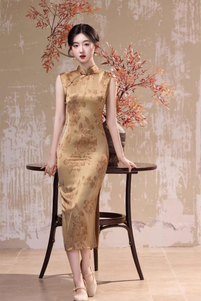 Beth and Brian Qipao-JLM Floral pattern, acetate fabric, gold midi Cheongsam