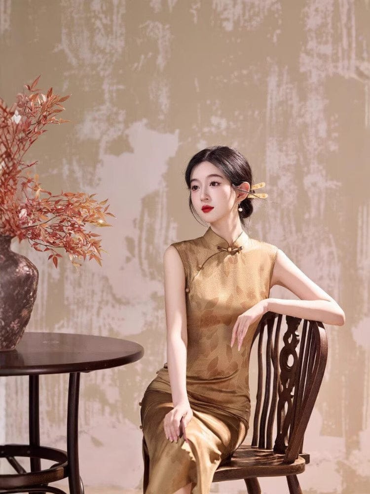 Beth and Brian Qipao-JLM Floral pattern, acetate fabric, gold midi Cheongsam