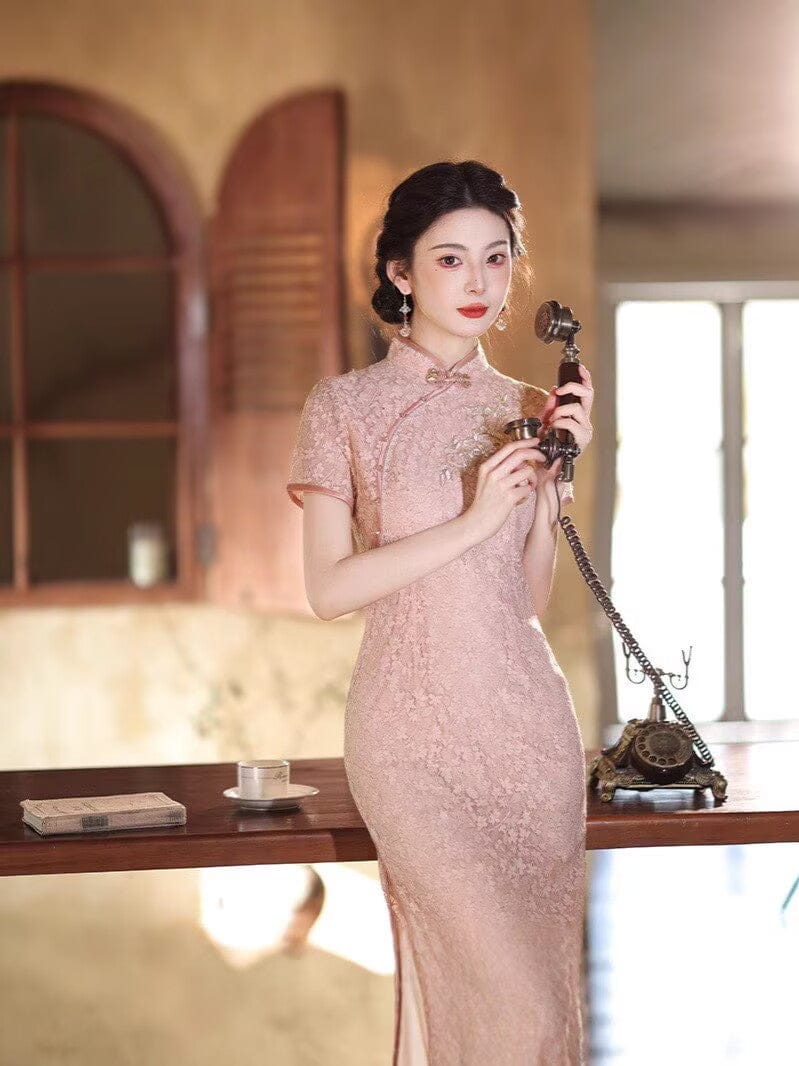 Beth and Brian Qipao-JLM Floral pattern, lace mid-length Cheongsam