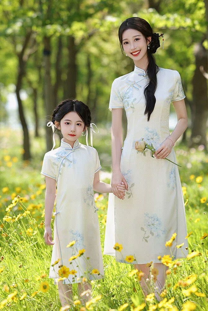 Beth and Brian Qipao-WQ Parent-child outfit, A line, floral pattern midi Ao dai