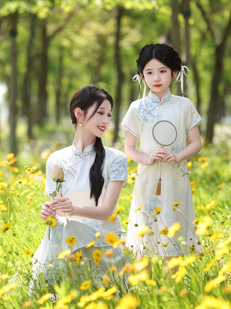Beth and Brian Qipao-WQ Parent-child outfit, A line, floral pattern midi Ao dai