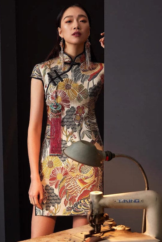 Beth and Brian Qipao - FL High-end, Crane embroidery, brocade mini Qipao with cap sleeves