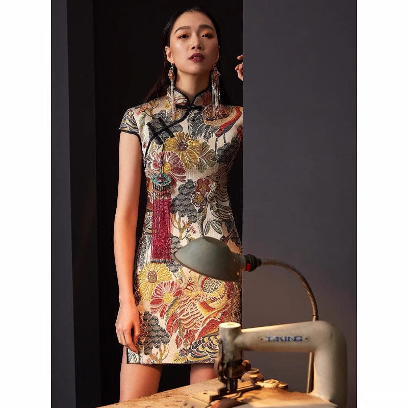 Beth and Brian Qipao - FL High-end, Crane embroidery, brocade mini Qipao with cap sleeves