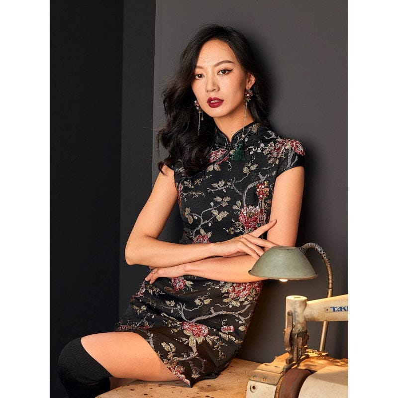 Beth and Brian Qipao - FL Black brocade mini Qipao with cap sleeves