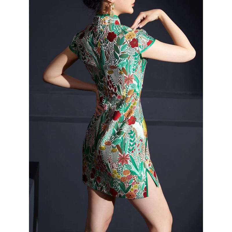 Beth and Brian Qipao - FL High-end, green brocade mini Qipao with cap sleeves