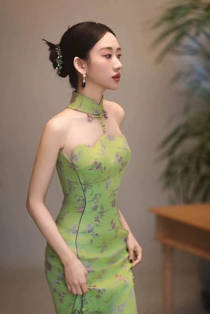 Beth and Brian Qipao-FT Tube top, New Chinese style (新中式) wedding green Cheongsam