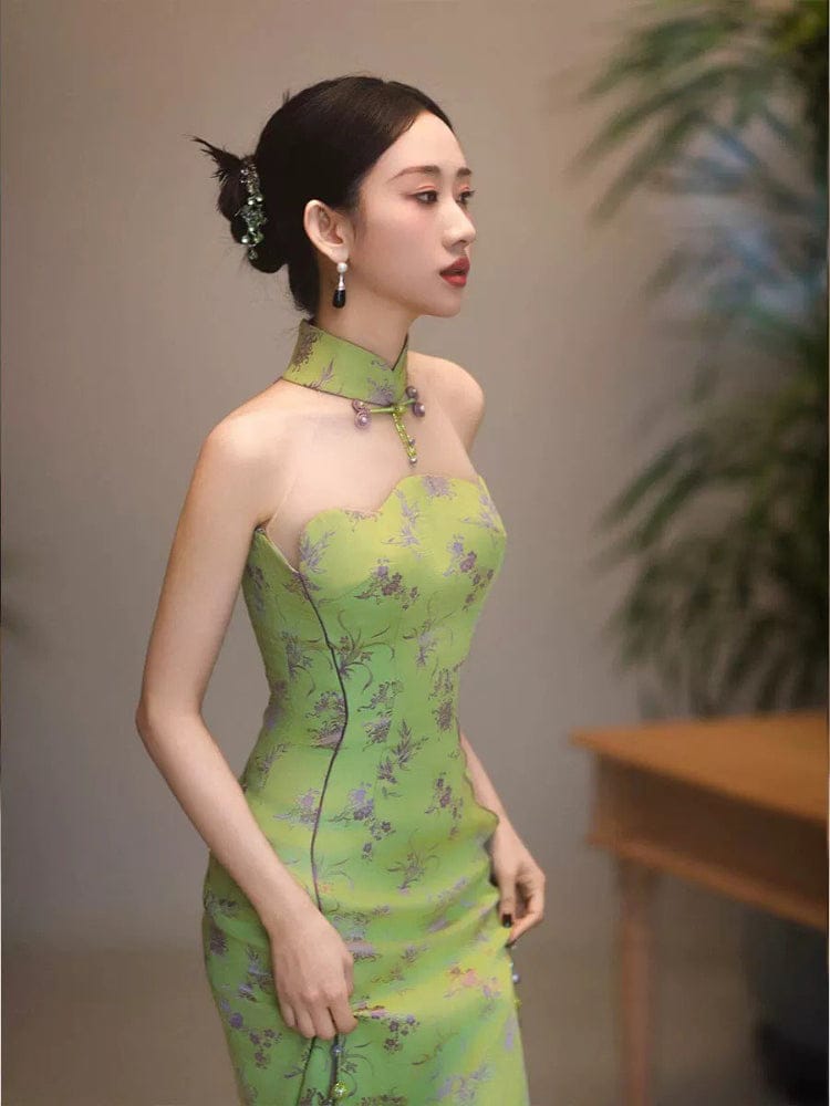 Beth and Brian Qipao-FT Tube top, New Chinese style (新中式) wedding green Cheongsam