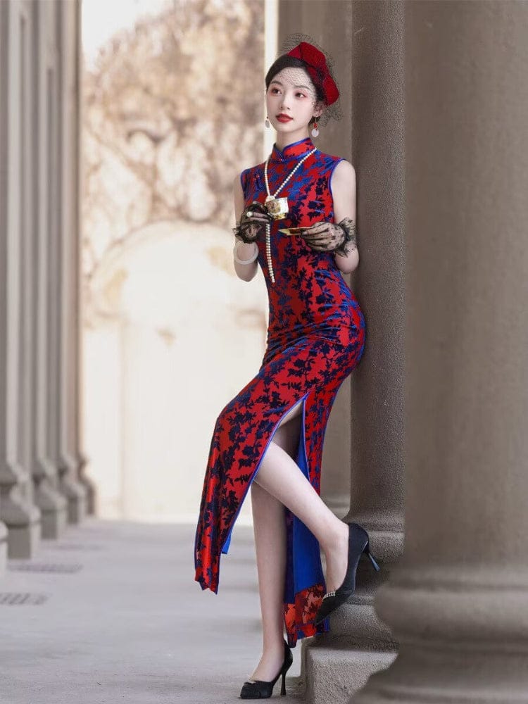 Beth and Brian Qipao-JY Sleeveless, Plus size, velvet red long Cheongsam