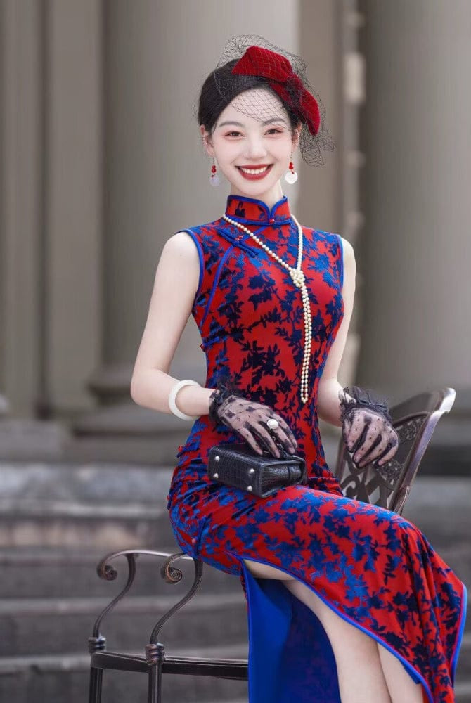 Beth and Brian Qipao-JY Sleeveless, Plus size, velvet red long Cheongsam