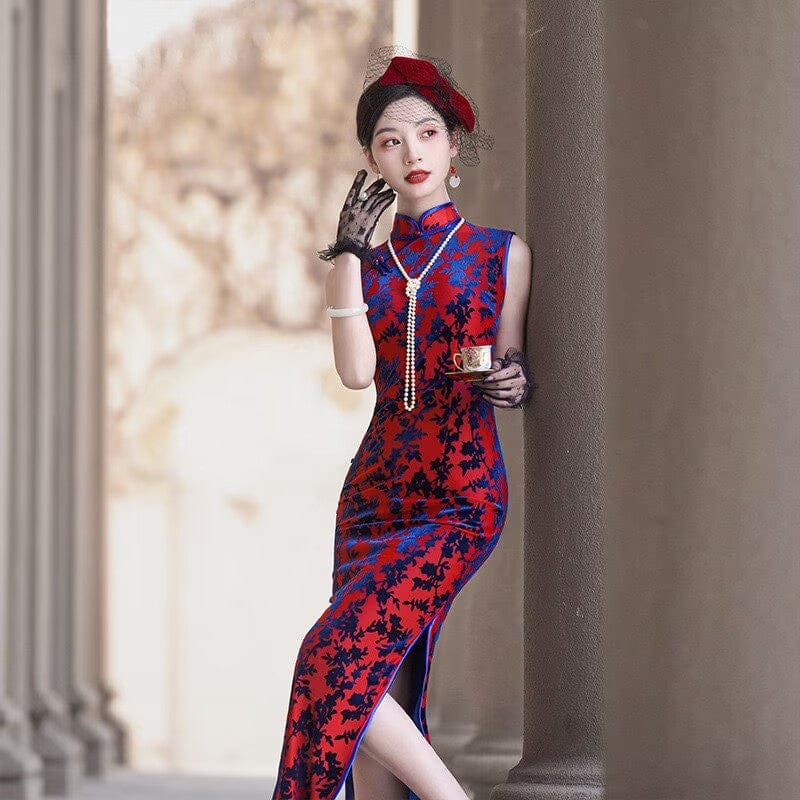 Beth and Brian Qipao-JY Sleeveless, Plus size, velvet red long Cheongsam