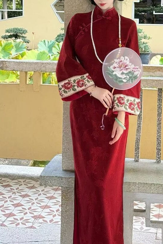 Beth and Brian Qipao-HB Fall and winter collection, butterfly and floral pattern, red wedding midi Cheongsam