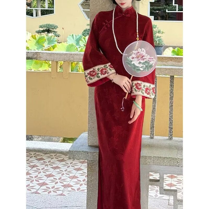 Beth and Brian Qipao-HB Fall and winter collection, butterfly and floral pattern, red wedding midi Cheongsam