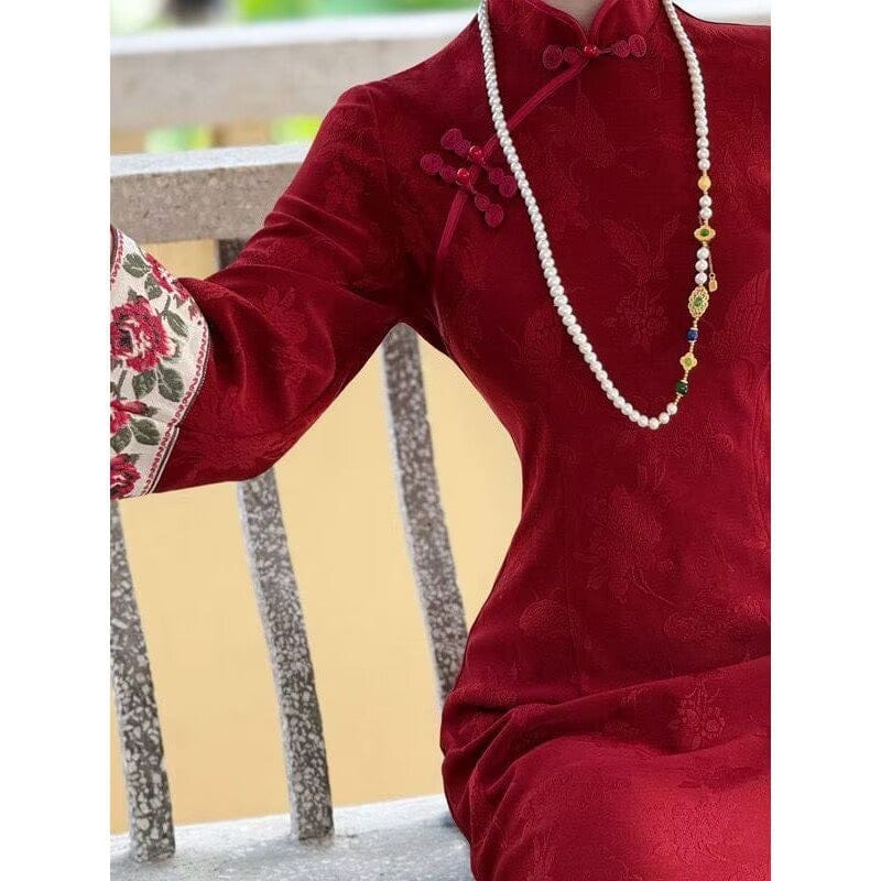 Beth and Brian Qipao-HB Fall and winter collection, butterfly and floral pattern, red wedding midi Cheongsam