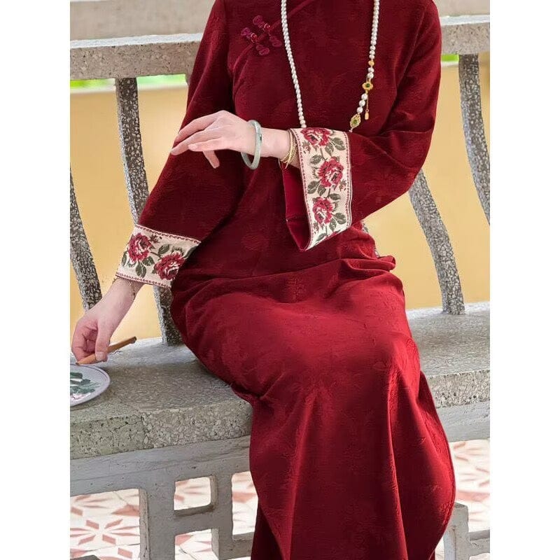 Beth and Brian Qipao-HB Fall and winter collection, butterfly and floral pattern, red wedding midi Cheongsam