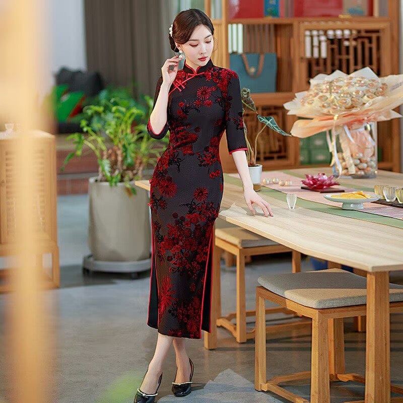 Beth and Brian Qipao-SMQ Flocking fabric, floral pattern, red&green long Cheongsam