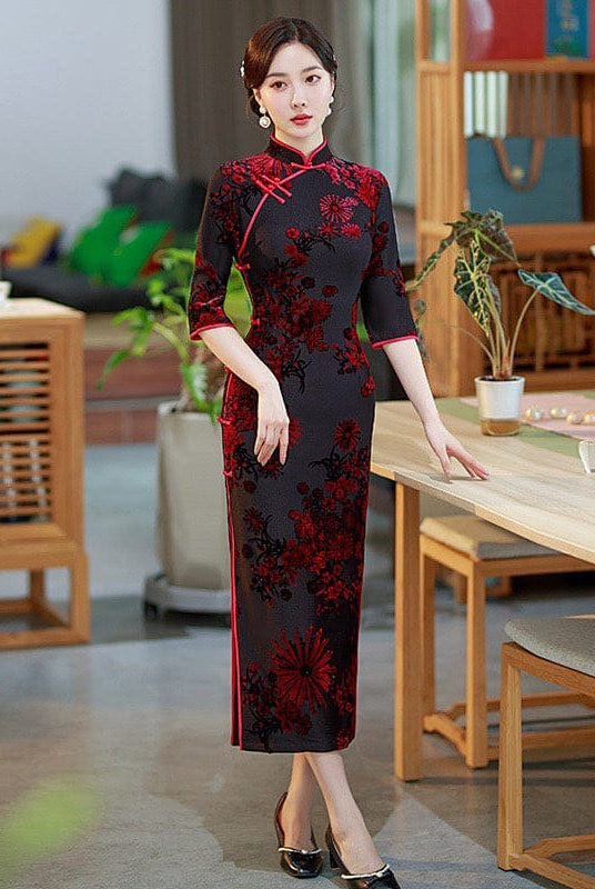 Beth and Brian Qipao-SMQ Flocking fabric, floral pattern, red&green long Cheongsam