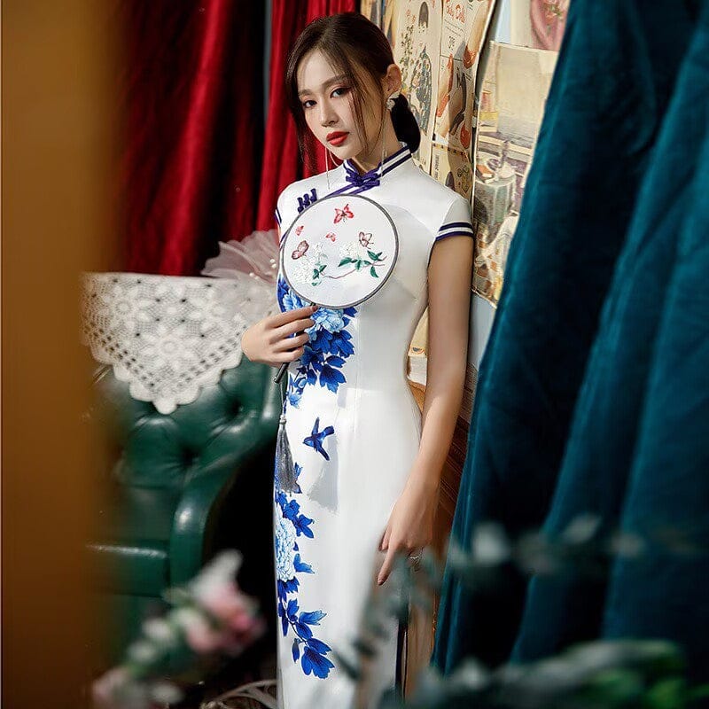 Beth and Brian Qipao-SMQ Blue and white porcelain pattern, satin long plus size Cheongsam