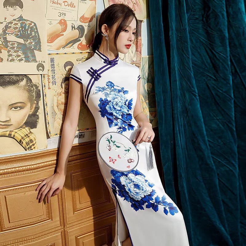 Beth and Brian Qipao-SMQ Blue and white porcelain pattern, satin long plus size Cheongsam