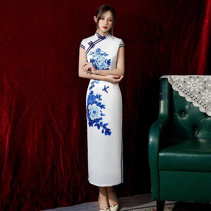 Beth and Brian Qipao-SMQ Blue and white porcelain pattern, satin long plus size Cheongsam