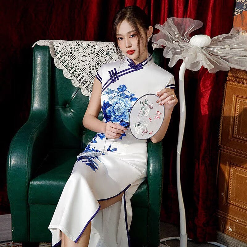 Beth and Brian Qipao-SMQ Blue and white porcelain pattern, satin long plus size Cheongsam
