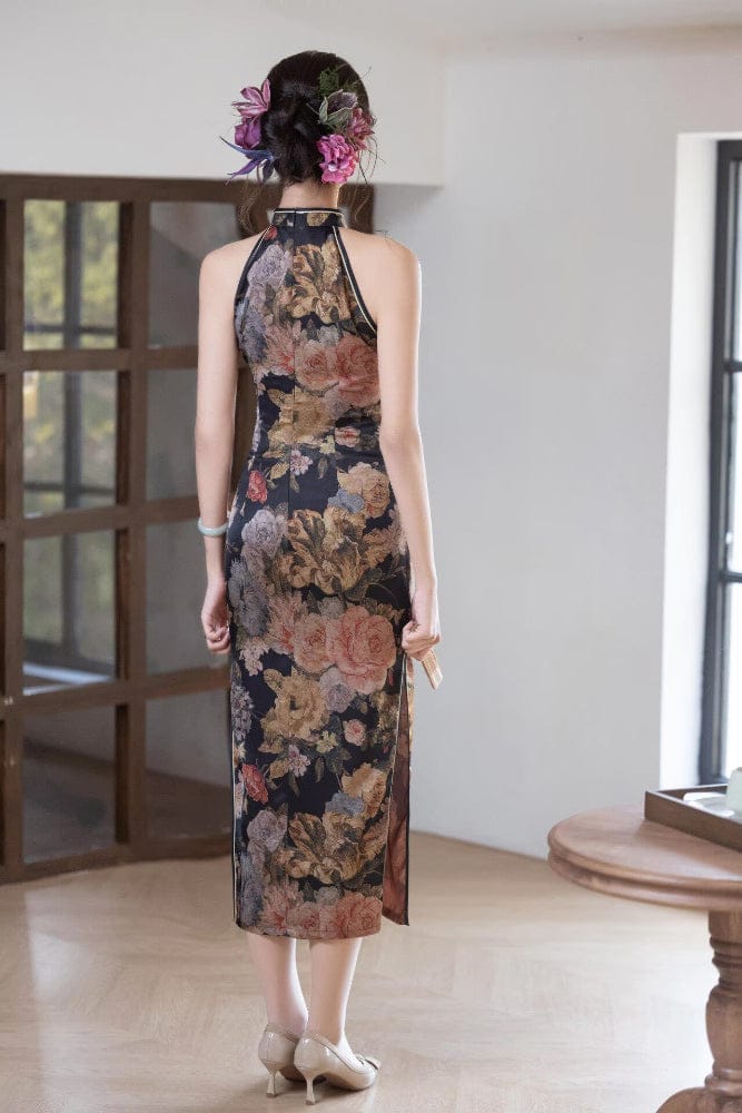 Beth and Brian Qipao-SMQ Sleeveless, water drop collar, halter black midi Cheongsam