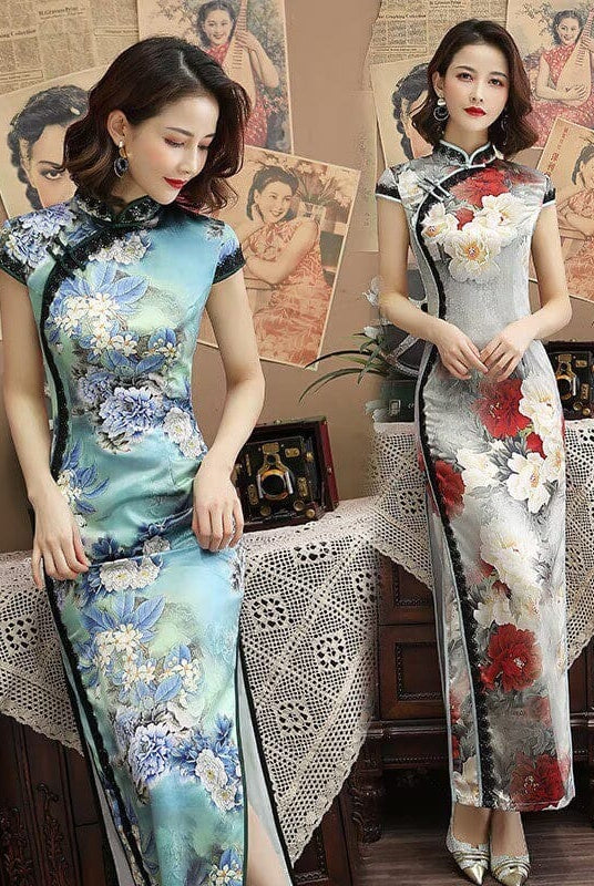 Beth and Brian Qipao-SMQ Floral pattern, blue&grey long Cheongsam for mothers