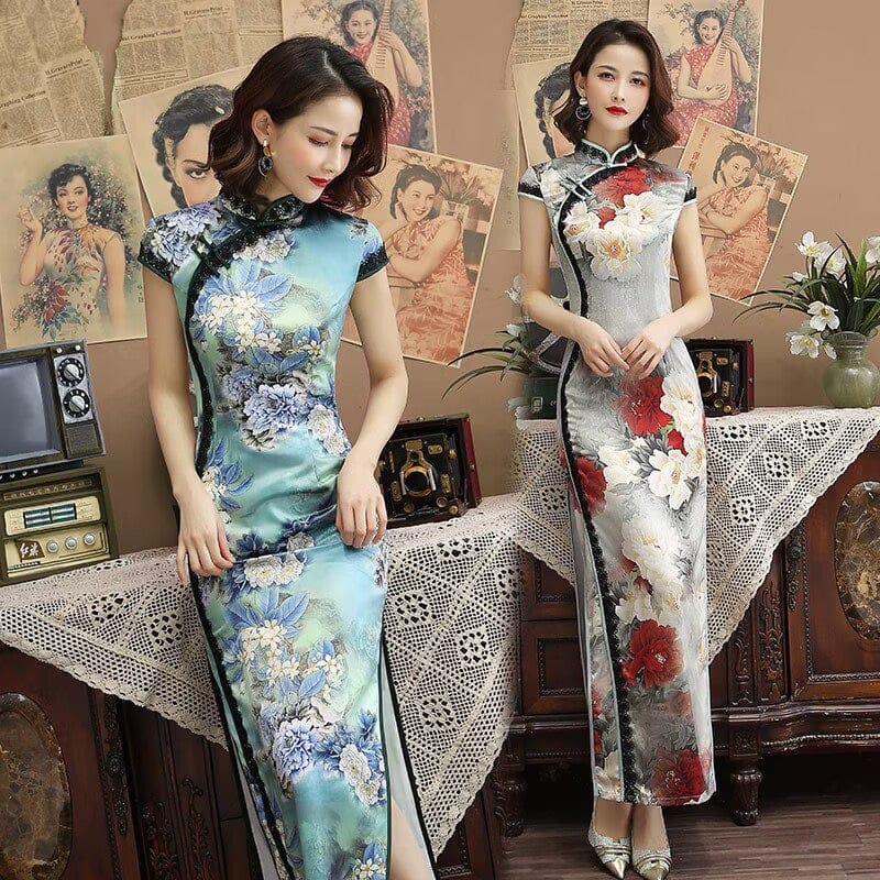 Beth and Brian Qipao-SMQ Floral pattern, blue&grey long Cheongsam for mothers