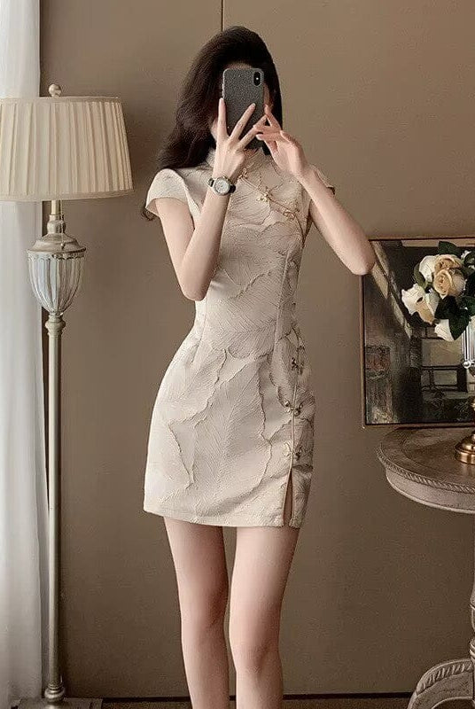 Beth and Brian Qipao-ST New Chinese style (新中式), beige&blue mini Cheongsam