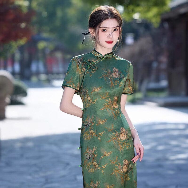 Beth and Brian Qipao-MLS Floral pattern, acetate fabric, green&yellow midi Cheongsam