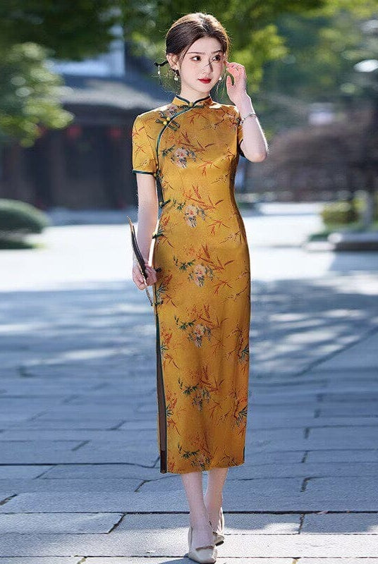 Beth and Brian Qipao-MLS Floral pattern, acetate fabric, green&yellow midi Cheongsam