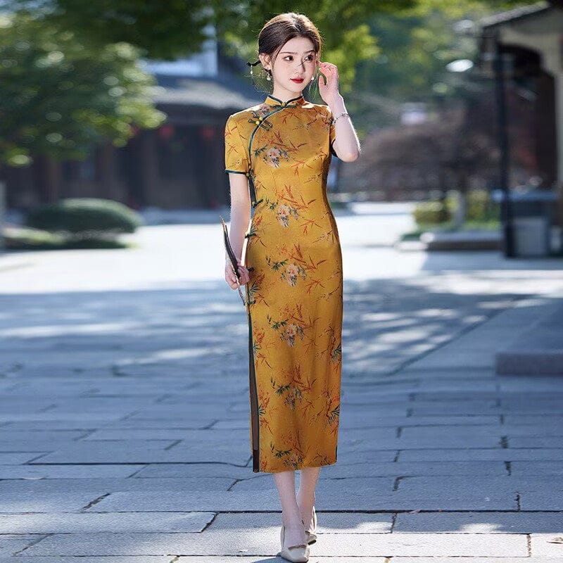Beth and Brian Qipao-MLS Floral pattern, acetate fabric, green&yellow midi Cheongsam