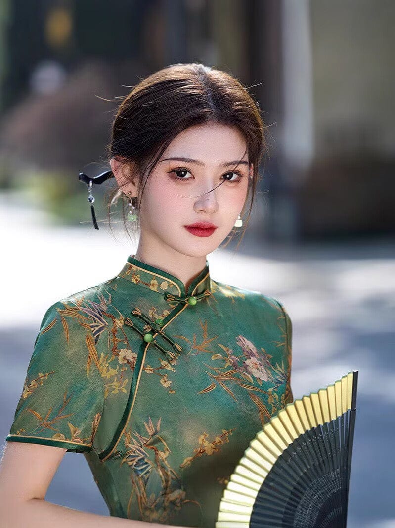 Beth and Brian Qipao-MLS Floral pattern, acetate fabric, green&yellow midi Cheongsam