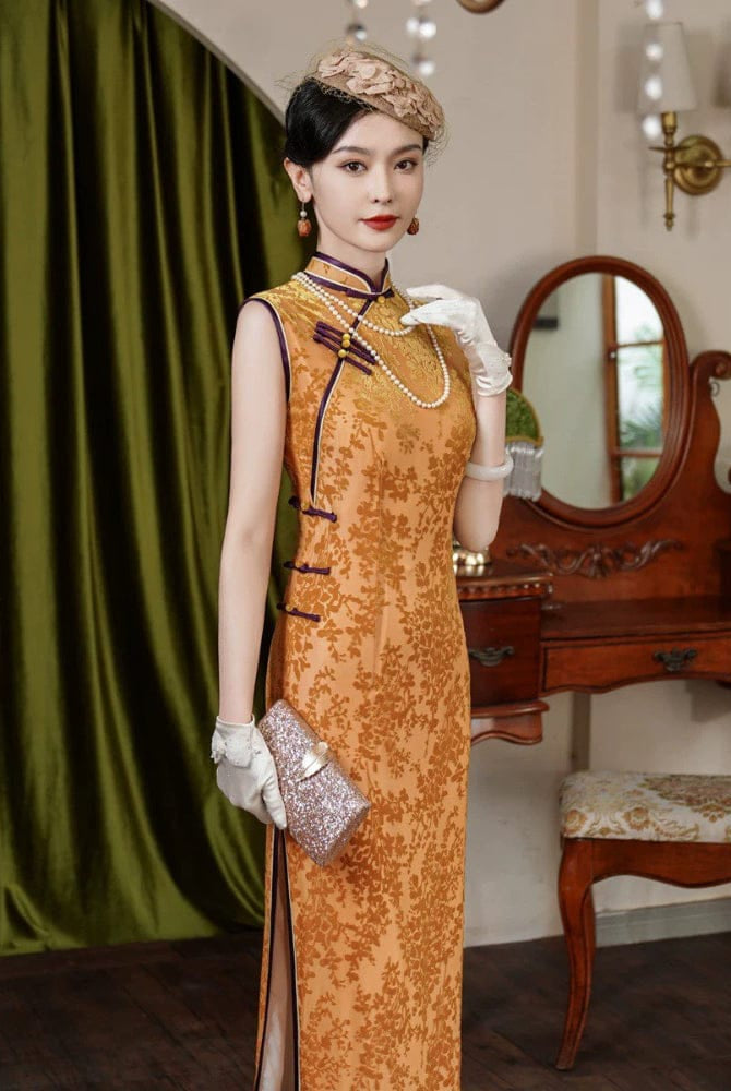 Beth and Brian Qipao-JY Plus size, Sleeveless velvet gold long Cheongsam