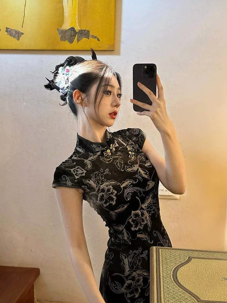 Beth and Brian Qipao-NLS Floral pattern, short Cheongsam with cap sleeves