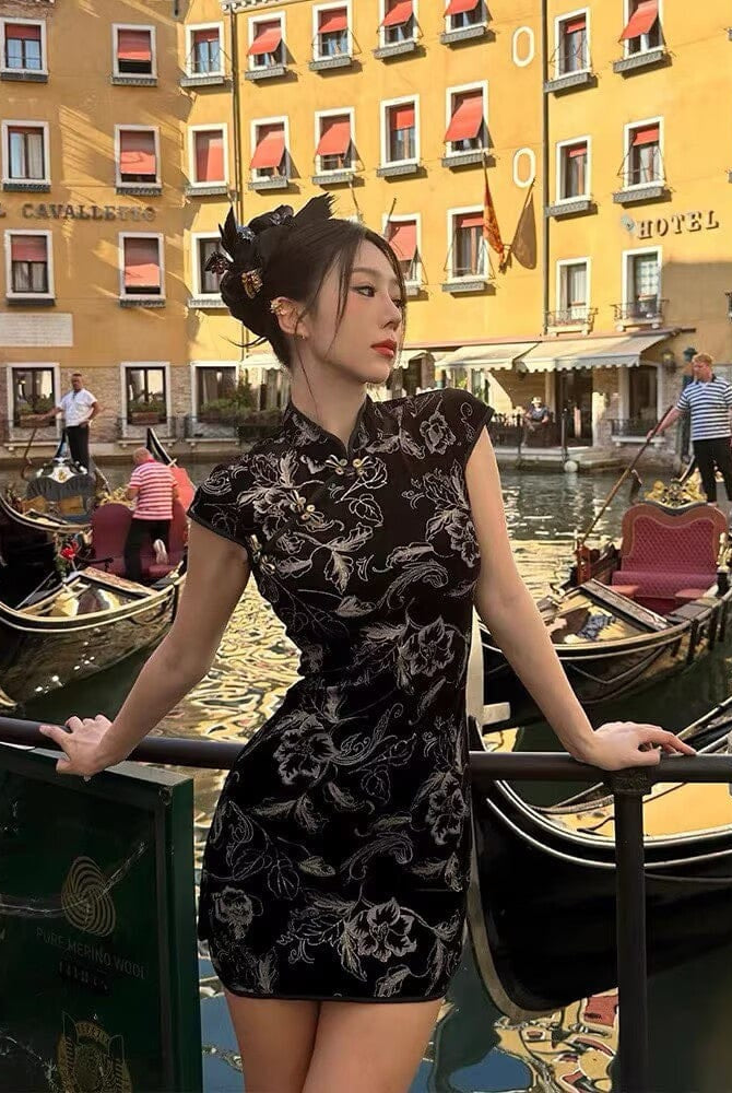 Beth and Brian Qipao-NLS Floral pattern, short Cheongsam with cap sleeves