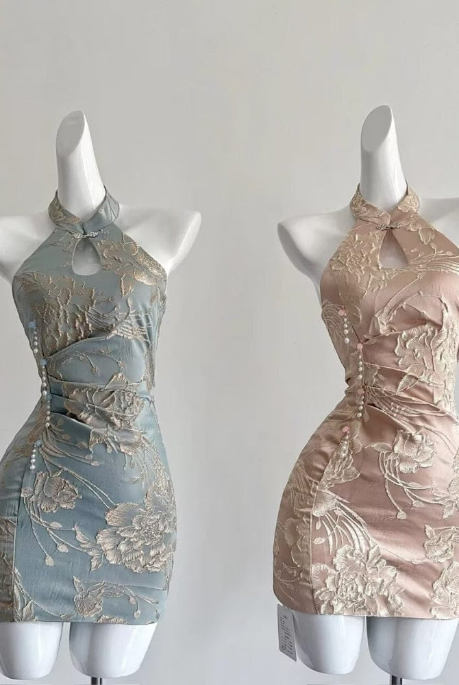Beth and Brian Qipao-DD Water drop collar, halter mini Cheongsam