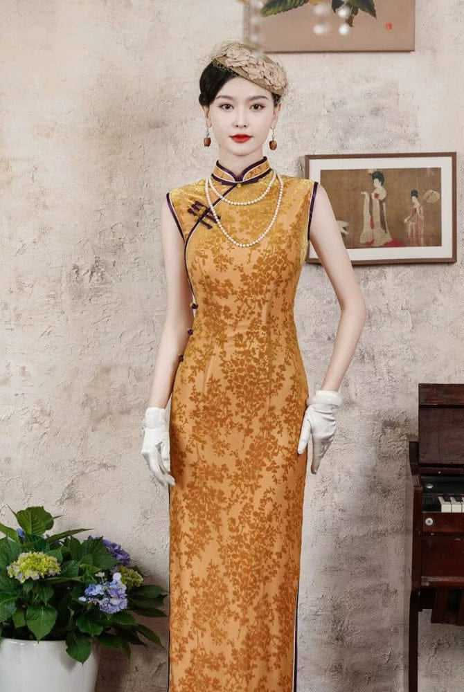 Beth and Brian Qipao-JY Plus size, Sleeveless velvet gold long Cheongsam