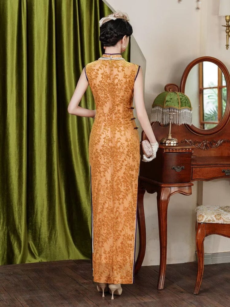Beth and Brian Qipao-JY Plus size, Sleeveless velvet gold long Cheongsam