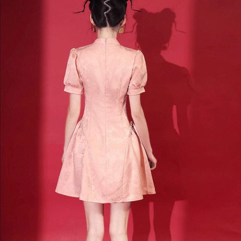 Beth and Brian Qipao-HYS A line, Hollow-out jacquard mini Cheongsam