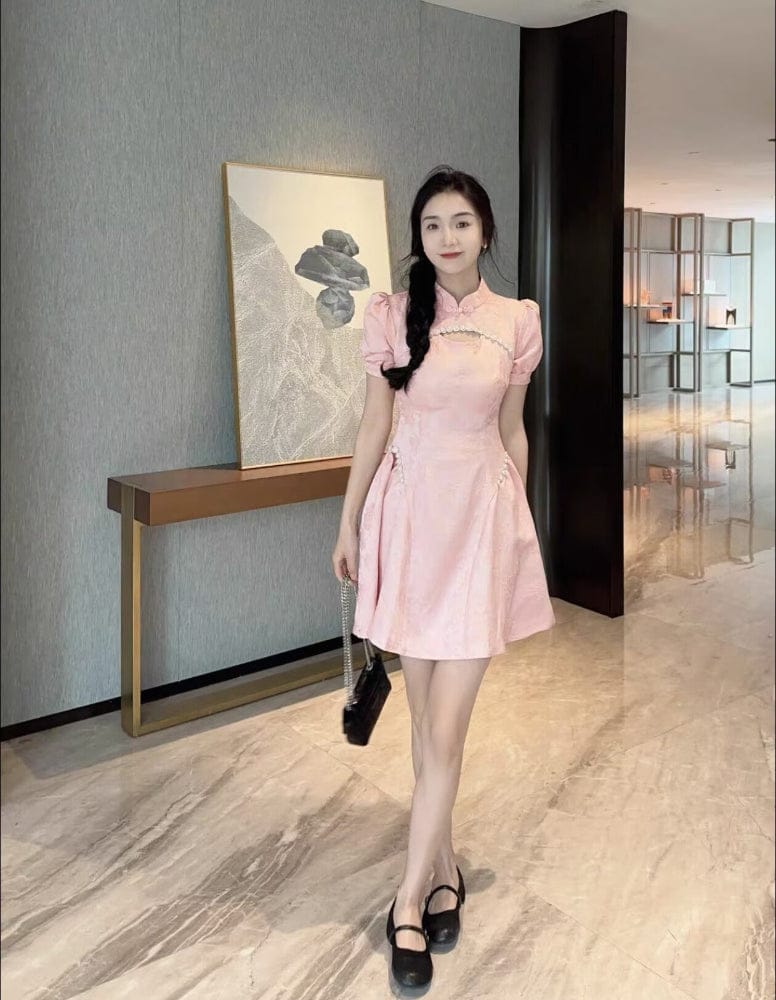 Beth and Brian Qipao-HYS A line, Hollow-out jacquard mini Cheongsam