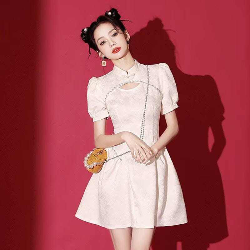 Beth and Brian Qipao-HYS A line, Hollow-out jacquard mini Cheongsam