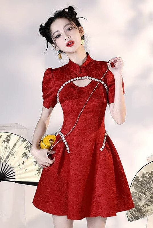Beth and Brian Qipao-HYS A line, Hollow-out jacquard mini Cheongsam