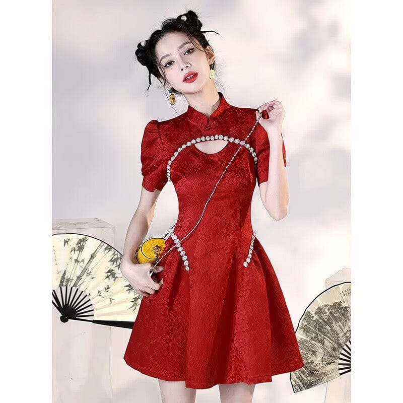 Beth and Brian Qipao-HYS A line, Hollow-out jacquard mini Cheongsam