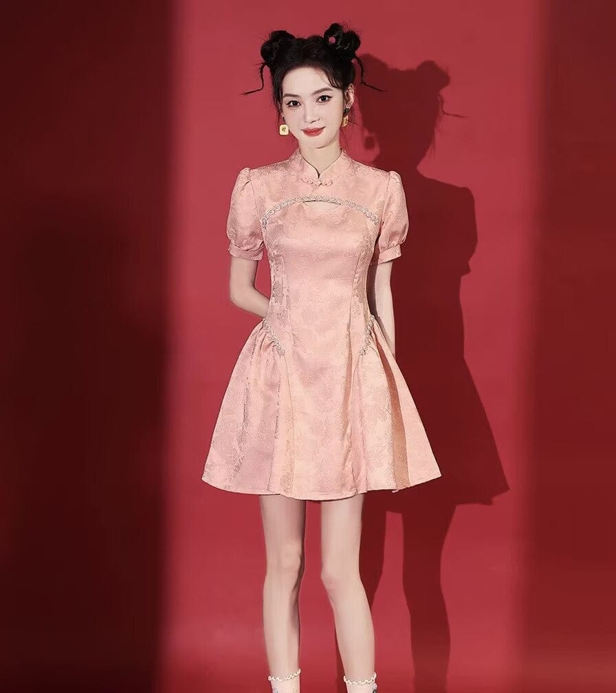 Beth and Brian Qipao-HYS A line, Hollow-out jacquard mini Cheongsam