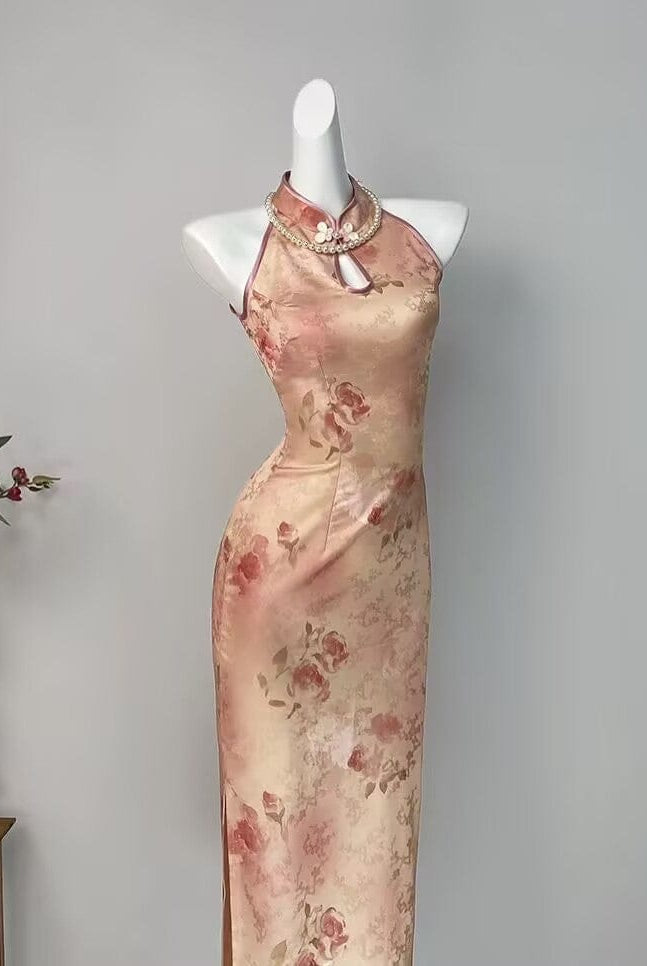 Beth and Brian Qipao-DYC Water drop collar, floral pattern, halter midi Cheongsam