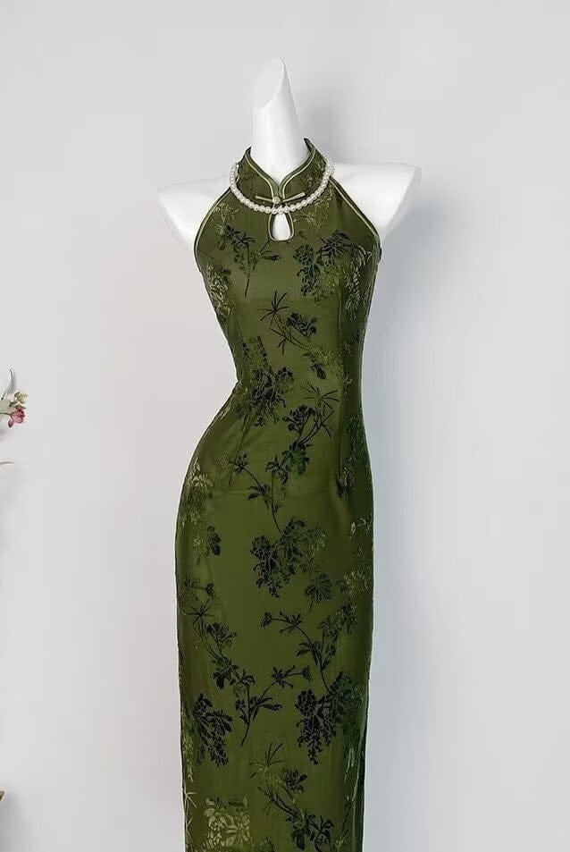 Beth and Brian Qipao-DYC Water drop collar, halter sleeveless midi Cheongsam