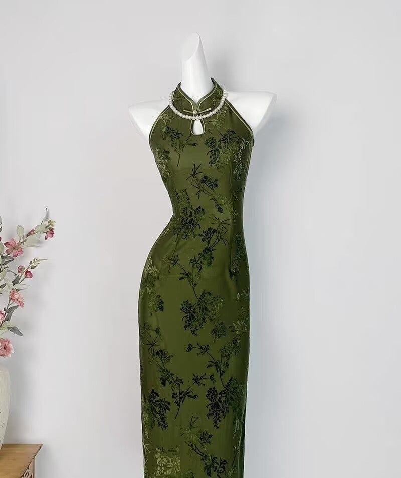 Beth and Brian Qipao-DYC Water drop collar, halter sleeveless midi Cheongsam