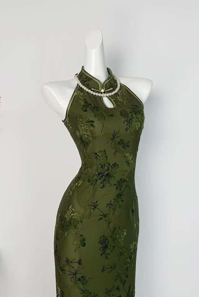Beth and Brian Qipao-DYC Water drop collar, halter sleeveless midi Cheongsam