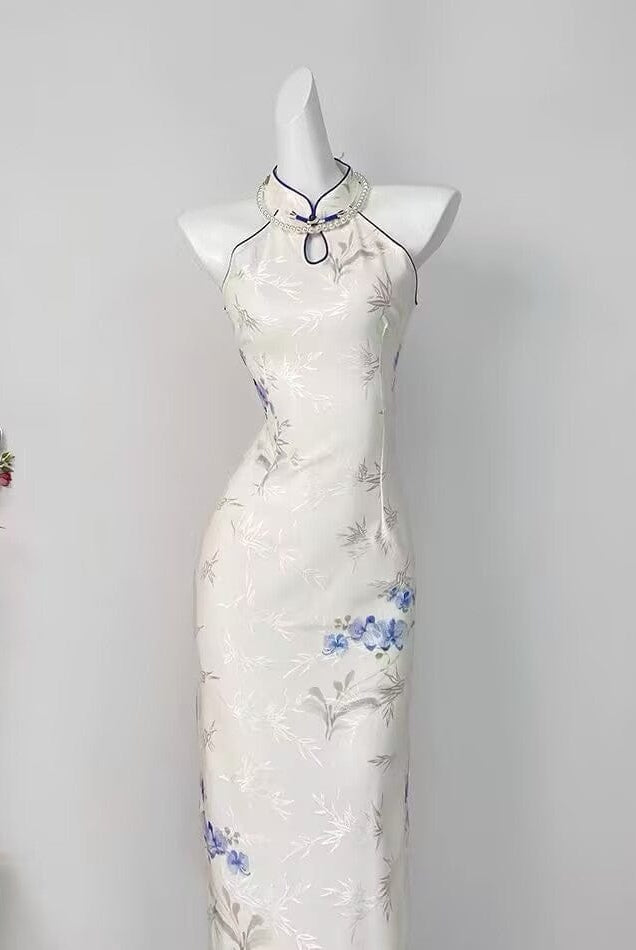 Beth and Brian Qipao-DYC Water drop collar, bamboo leaf pattern, halter long Cheongsam