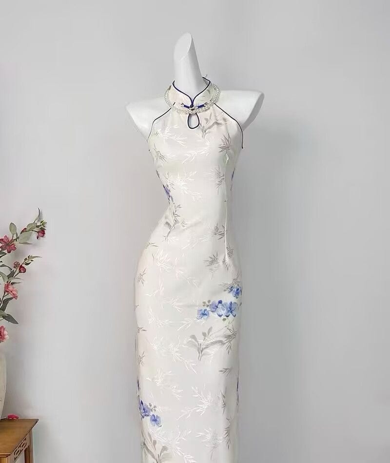 Beth and Brian Qipao-DYC Water drop collar, bamboo leaf pattern, halter long Cheongsam